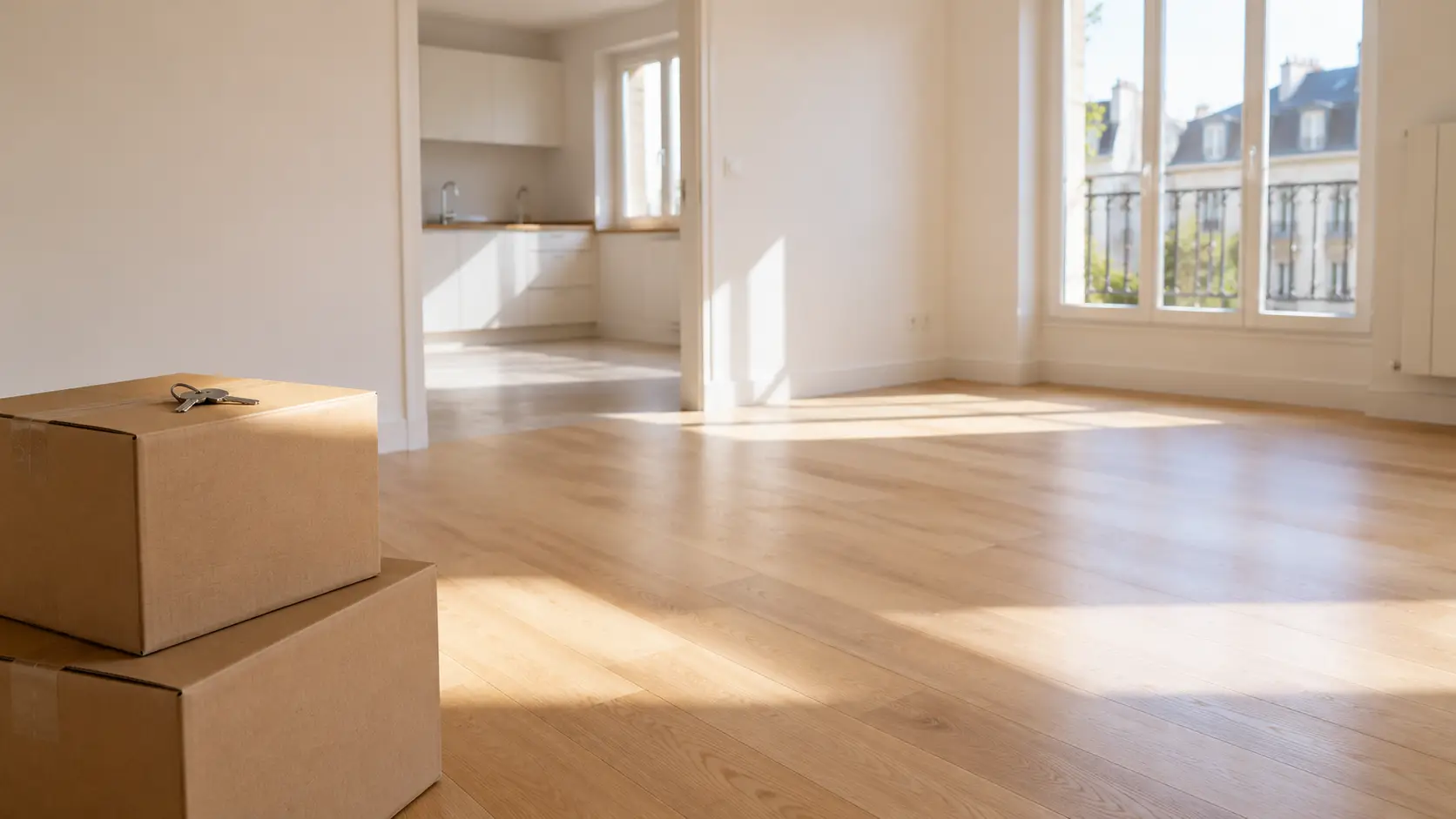 Un appartement vidé au parquet clair, avec deux cartons empilés au premier plan et un trousseau de clés posé dessus.